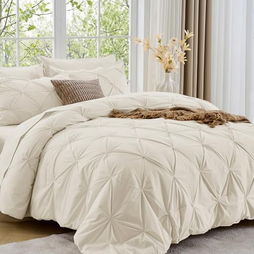 Sasttie Oversized Queen Comforter Set, 7-Piece Bed in a Bag, Pintuck Bedding Sets for All Season, Includes Comforter, Flat Sheet, Fitted Sheet, Pillowcases and Pillowshams, Beige