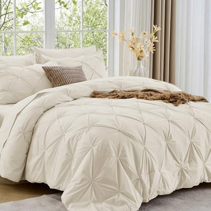 Sasttie Oversized Queen Comforter Set, 7-Piece Bed in a Bag, Pintuck Bedding Sets for All Season, Includes Comforter, Flat Sheet, Fitted Sheet, Pillowcases and Pillowshams, Beige