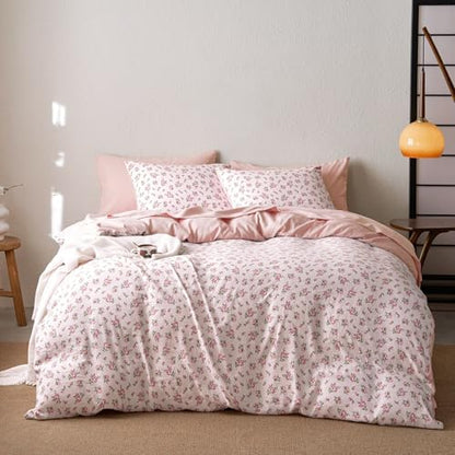 Wake In Cloud - Floral Comforter Set with Sheets, Coquette Cottagecore Aesthetic Flower Shabby Chic Pattern for Women Teen Girls, 7 Pieces Bed in a Bag, Pink, Queen Size