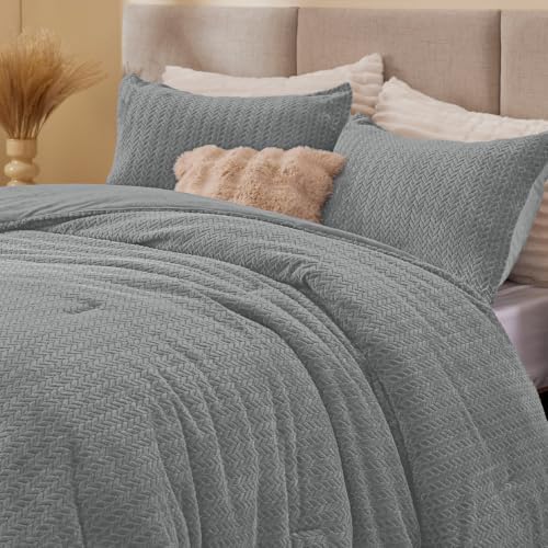 ChiXpace Fleece Twin Size Comforter Set Light Grey, Fluffy Bed Set 2 Pieces