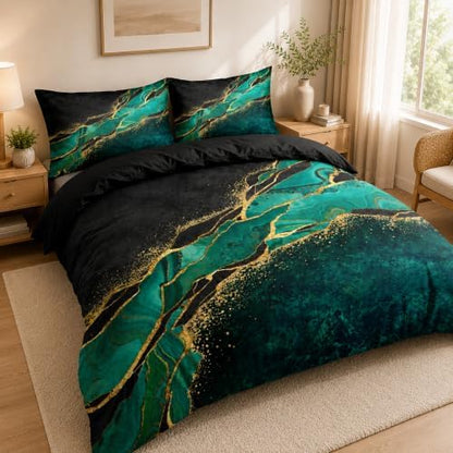 Black and Green Marble Duvet Cover Set Queen Size Gold Veins Malachite Comforter Cover Bedding Set Luxry Art Decor Bedroom