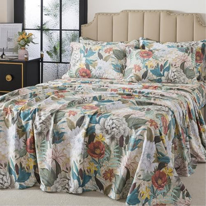 FADFAY Twin Sheet Set, 100% Cotton Sateen Soft Breathable, Luxury Vintage Floral Bed Sheets, Elegant Large Peony & Botanical Print, Classic Garden Style Bedding, Deep Pocket Fitted Sheet, 4 Pieces