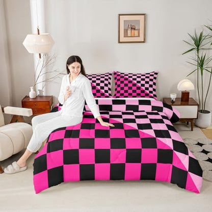 Checkered Retro Comforter Set All Season Modern Geometric Cute Bedding Set with 2 Pillow Cases Rose Pink Light Pink Kids King Bedclothes Vintage Simple Groovy Aesthetic Bedroom Decor Duvet Quilt
