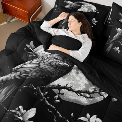 Erosebridal Vintage Raven 7 Piece Bedding Set Twin Gothic Moon Comforter Set with Sheets Dark Black Bird Bed in a Bag Mysterious Florals Horror Wild Animal Bed Sets Comforter