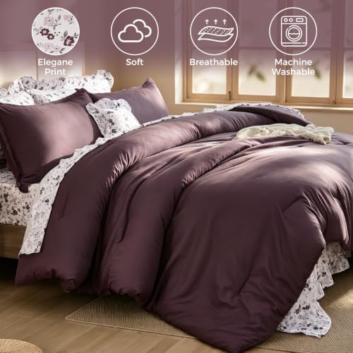 WONGS BEDDING 8PC Queen Comforter Set, Ruffle Comforter with Floral Sheets