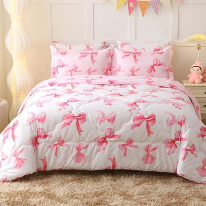 7 Piece Pink Bow Bedding Set for Girls Kids Queen Size Reversible Bowknot Comforter Set Super Soft Bed in a Bag Microfiber Lightweight Bed Set for Teens Room Decor