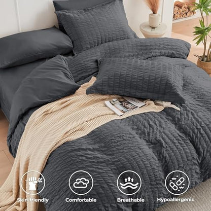 HYMOKEGE 7 Piece King Size Comforter Set Seersucker, All Season Luxury Bed in a Bag for Bedroom, Bedding Set with Comforters, Sheets, Pillowcases & Shams, Dark Grey