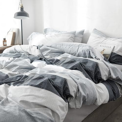 mixinni Farmhouse Queen Gray Striped Comforter Set Queen Size Bed Fluffy Geometric Pattern Comforter for Boys Men, 1 Geometric Comforter and 2 Pillow Shams, All Season-Queen Size