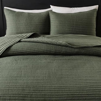 WDCOZY Olive Green King Size Pick Stitch Quilt Set, 3 Pieces 104x90 inches