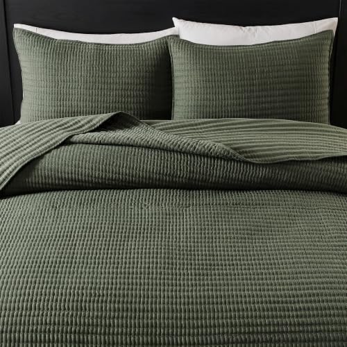WDCOZY Olive Green Twin Size Pick Stitch Quilt Set, 2 Pieces 68x90 inches