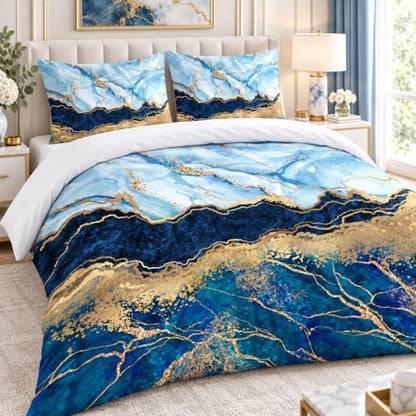 Royal Blue Marble Duvet Cover Set Full Size Sequin Gold Bedding Comforter Covers with 2 Pillow Shams Breathable Durable Soft Comfy