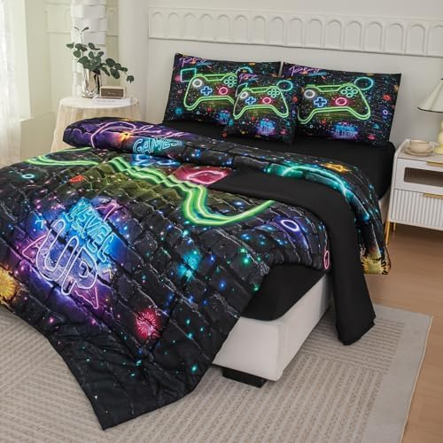 NINENINE Gaming Bedding Sets, 6PCS Full Size Comforter Size for Boys,Gaming Bedding Sets for Boys Bed in A Bag Gaming Comforter Sets(1Comforter,1Flat Sheet,1Fitted Sheet,1Cushion Cover,2Pillowcases)…