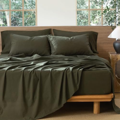 MooMee Sheet Set 100% Washed Cotton Linen-Like Extra Deep Pocket Queen