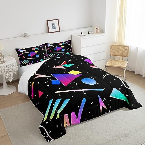 Manfei Memphis Comforter Set Queen Size, Colorful Geometric Abstract Bedding Set 3pcs for Kids Boys Girls, Retro 80s 90s Fashion Style Quilt Set Soft Polyester Duvet Set with 2 Pillowcases