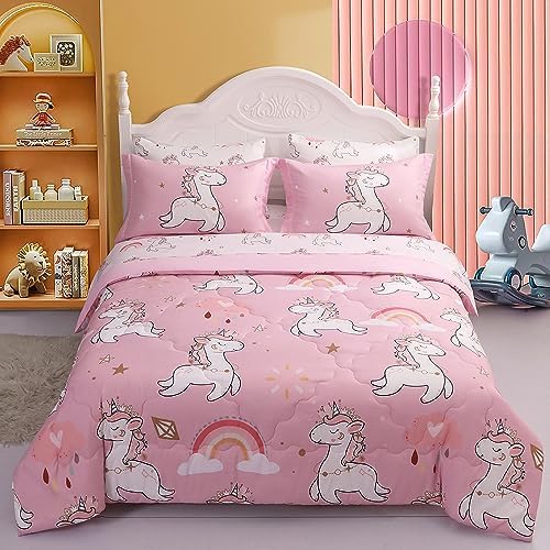 Wajade Kids Pink Unicorn Comforter Set Bed in A Bag Full Size 7 Piece Cute Unicorn Rainbow Clouds Bedding Set for Girls (1 Comforter, 1 Flat Sheet, 1 Fitted Sheet, 2 Pillowcase and 2 Pillow Sham)