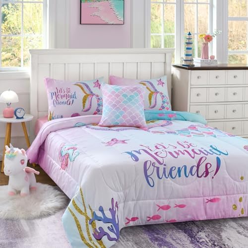 Cokouchyi Twin Size Comforter Set for Girls, 5-Piece Bed in a Bag, 3D Colorful Mermaid Bedding Comforter Sheet Set, Ultra Soft and Fluffy, Mermaid