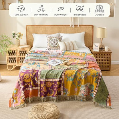 VANJOROY Boho Throw Blanket, 100% Organic Cotton Breathable Skin-Friendly Ultra Soft 50" x 60" Bed Patchwork Throw - Floral Rustic Luxury Reversible Blanket for Sofa Couch Chair and Gift,