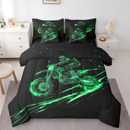 Feelyou Green Neon Dirt Bike Full Comforter Set with Sheets for Boys Girls Line Art Design 7 Pieces Bedding Set Motocross Bed in a Bag Speed Racing Room Decor Extreme Sports Pattern Soft Lightweight