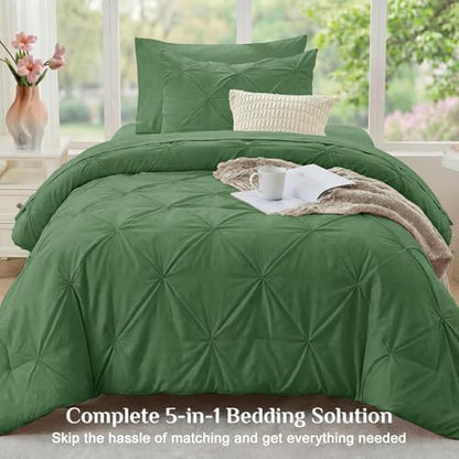 JOLLYVOGUE Twin XL Comforter Set 5 Pieces - Bed in a Bag Twin XL for All Season, Pintuck Bedding Comforter Sets with Comforter, Flat Sheet, Fitted Sheet and Pillowcases & Shams, Green