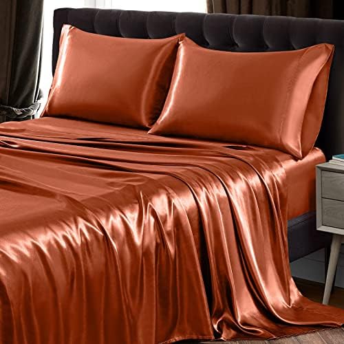 SiinvdaBZX 4Pcs Satin Sheet Set King Size 15-in Deep Pocket, Autumn Orange