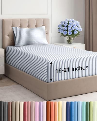 Extra Deep Pocket Twin XL Sheet Set - Breathable & Cooling - Blue Stripes