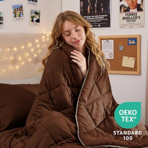 MUXHOMO 5 Pieces Twin XL Comforter Set, Reversible Bed in a Bag Twin XL Size, All Season Bedding Set with Comforter, Flat Sheet, Fitted Sheet, Pillowcases & Shams, Brown & Khaki