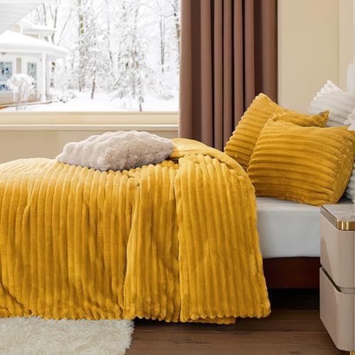 BEDELITE Fleece Queen Comforter Set, Fluffy Bed Set, Mustard