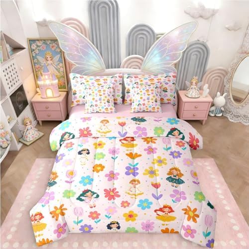 Erosebridal Cute Floral Bed in a Bag King Size Comforter Set 7-Piece | Kids Cartoon Fairy Princess Bedding Sets Rustic Flowers Comforter and Sheet Set, Kawaii Elf Room Decor,Pink