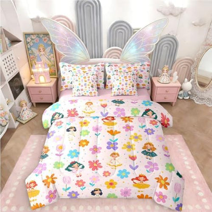 Erosebridal Cute Floral Bed in a Bag King Size Comforter Set 7-Piece | Kids Cartoon Fairy Princess Bedding Sets Rustic Flowers Comforter and Sheet Set, Kawaii Elf Room Decor,Pink