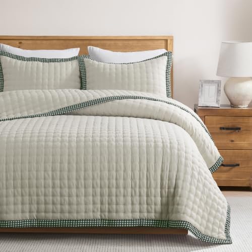 WDCOZY Cloud Soft Quilt Set, Queen Size, Beige Trim, 3 Pieces 90x90 inches