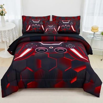 URBONUR Black and Red Gaming Comforter Set Twin Size for Boys 6 Pieces