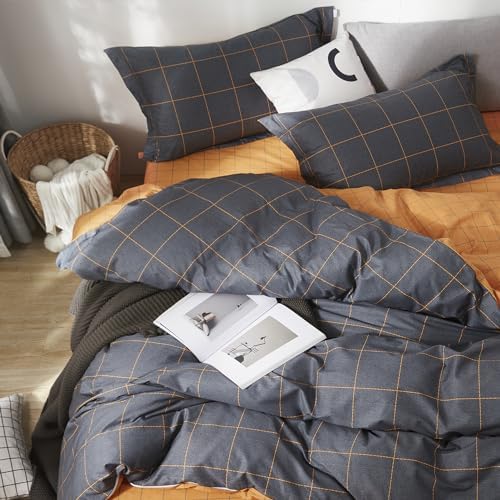 SAPHREAS Black Orange Plaid Duvet Cover Set 3pcs Full Size 100% Cotton Dark Gray Grid Geometric Bedding Comforter Cover Set 1 Duvet Cover 2 Pillow Shams