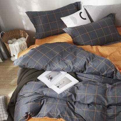 SAPHREAS Black Orange Plaid Duvet Cover Set 3pcs Full Size 100% Cotton Dark Gray Grid Geometric Bedding Comforter Cover Set 1 Duvet Cover 2 Pillow Shams
