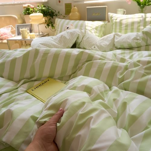 VM VOUGEMARKET Kids Teens Duvet Cover Twin Size Green White Striped Bedding Set Green Stripes Comforter Cover 68"x86"