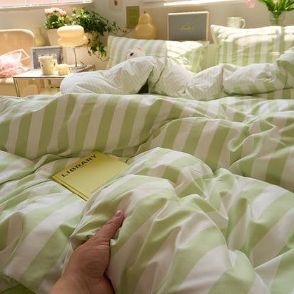 VM VOUGEMARKET Striped Duvet Cover Set Queen Teens Boys Girls Dorm Bedding Set Soft Lightweight Reversible Microfiber Farmhouse Duvet/Quilt Cover-90 x90,Green White