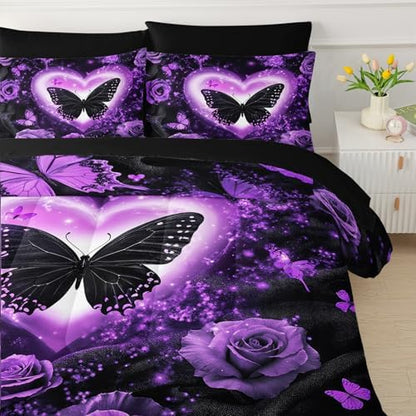 QOOMO Purple Butterfly 7 Pieces Comforter Set Twin Size,Rose Bedding Set