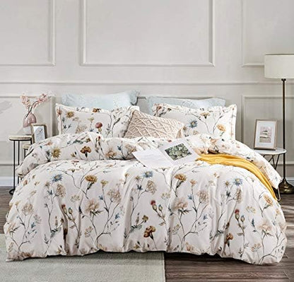 SLEEPBELLA Comforter Twin Size, 600 Thread Count Cotton White Printed with Blue & Blush Flowers Cotton Comforter Set,Down Alternative Bedding Set 2Pcs(Twin, White Floral)