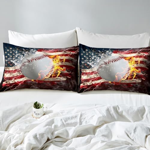 Baseball Comforter Set Full Size For Boys Teens, American Flag Bedding Set United States Sports Games Duvet Sets Gold Fire Down Comforter, Usa Federations Stars Stripes Comforter Bedroom Decor
