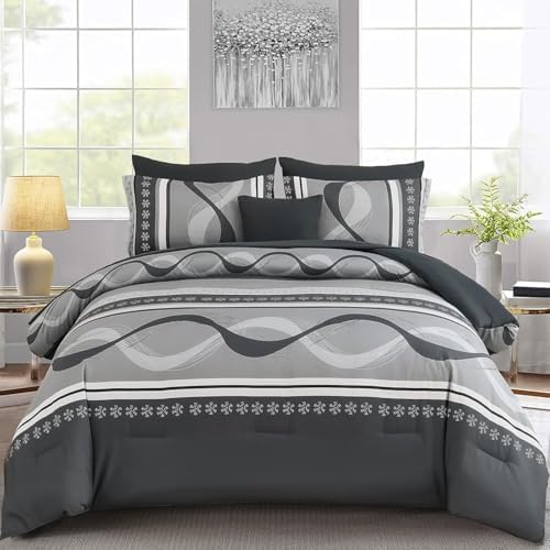 Anibedding Grey Comforter Set Full Size,8 Pieces Striped Bed in a Bag