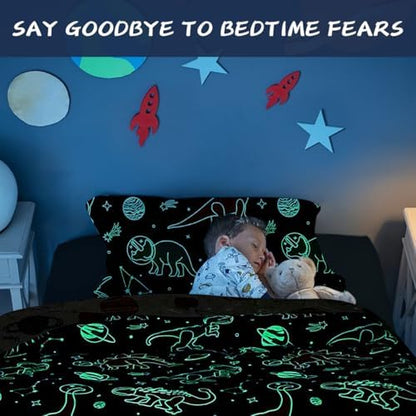 Holawakaka Kid Glow in The Dark Space Dino Queen Comforter Set 5 Pieces