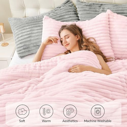 BEDELITE Fleece Queen Comforter Set, Fluffy Bed Set, Cherry Blossom