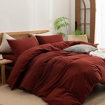 BESTOUCH Cotton Solid Duvet Cover Set Linen Feel Fired Brick Red Super King