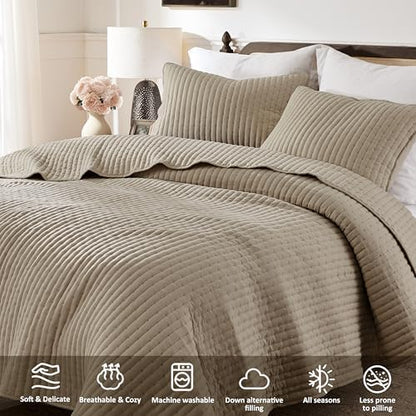 WDCOZY Dark Beige Cross Stitch Queen Size Quilt Set, Striped Lightweight Soft Bedspread, Tan Channel Farmhouse Rustic Coverlet, All Season Country Bedding, Thin Comforter