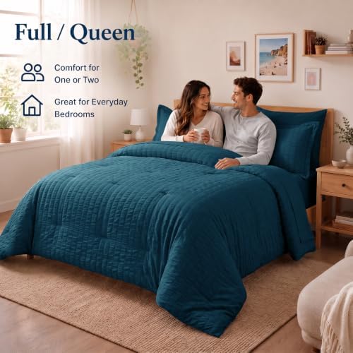 CozyLux Full Size Comforter Set 7 Pieces Lyons Blue Seersucker Bed in a Bag