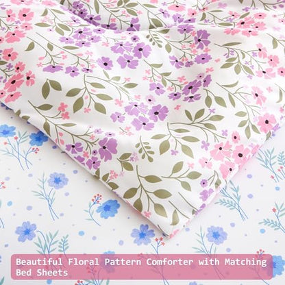 lasoftan Floral Queen Comforter Set with Sheets, 7 piece Luxury Vintage Bedding, Soft Microfiber Bed in a Bag, Cozy Lightweight Bed Set, Purple Flower Green Leaf