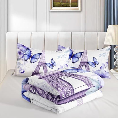 Beautiful Butterfly Comforter Set King Size,Romantic Eiffel Tower Printed Comforter Bedding Sets for Girls Women Room Paris Decor,Fantasy Floral Bedding Sets with 2 Pillowcases.