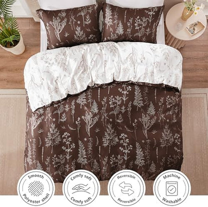 Love's cabin Chocolate Twin Comforter Set - Twin XL Size Comforter Set Dorm Bedding, 2 Pieces Cute Floral Bedding, Reversible Flowers Comforter, 1 Comforter & 1 Pillow Sham