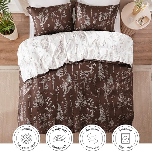 Love's cabin Chocolate Comforter Set Queen - Queen Size Comforter Set, 3 Pieces Cute Floral Bedding Sets for All Seasons,1 Soft Reversible Botanical Flowers Comforter and 2 Pillow Shams