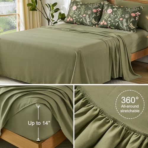 Yiran Queen Comforter Set Olive Green, Floral Bedding Set 7 Piece Bed in a Bag with Botanical Flowers Summer Soft Lightweight Complete Comforters with Sheets for All Season