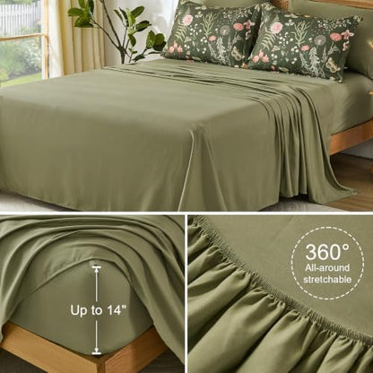 Yiran Queen Comforter Set Olive Green, Floral Bedding Set 7 Piece Bed in a Bag with Botanical Flowers Summer Soft Lightweight Complete Comforters with Sheets for All Season